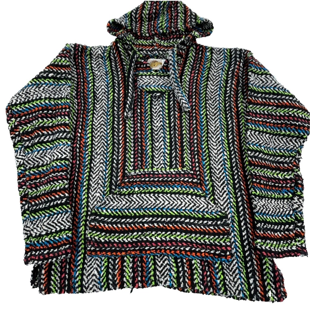 Earth Ragz Poncho Hoodie Women Medium Bohemian Mexican Baja Drug Rag Sweater